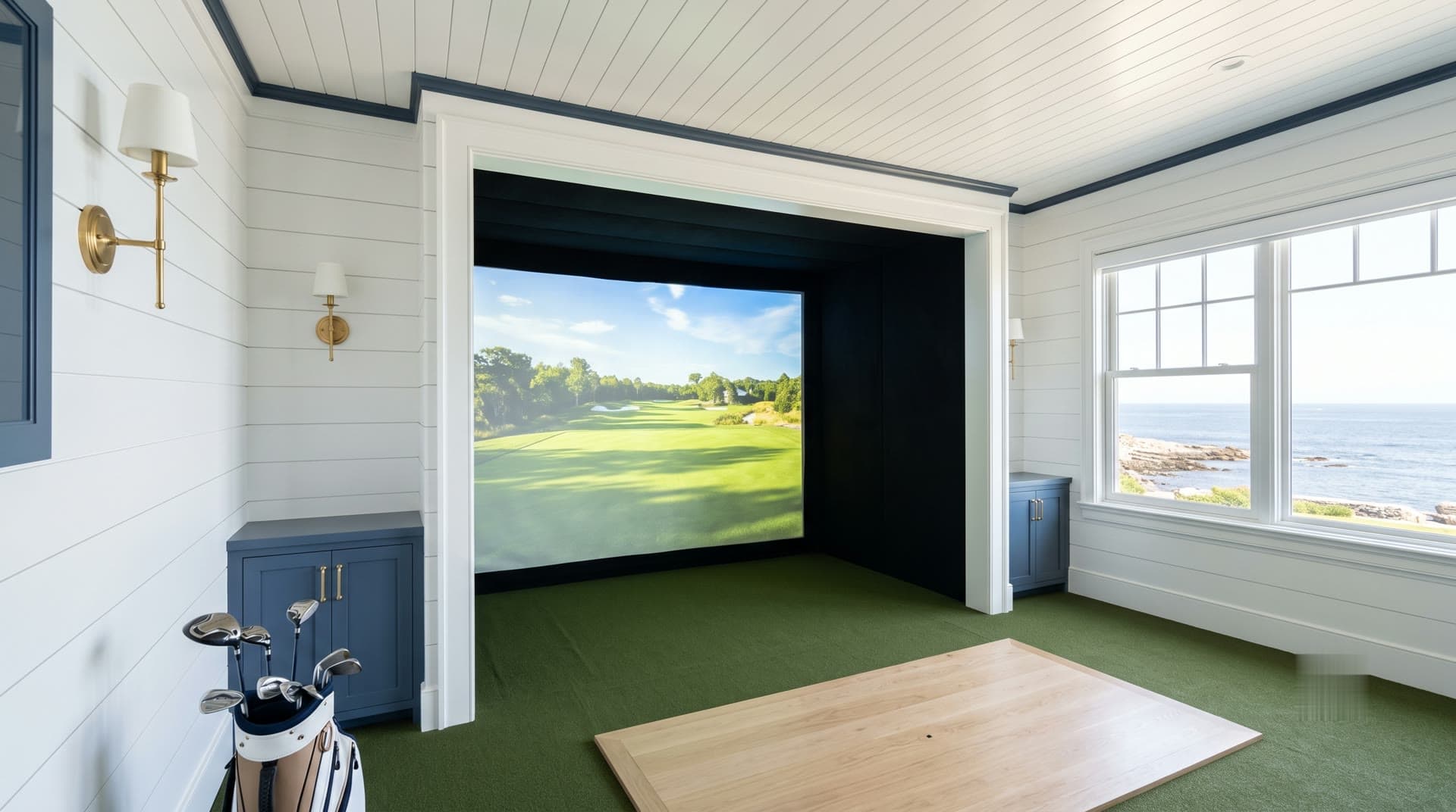 Coastal Rhode Island golf simulator room with white shiplap, ocean view, and padded hitting bay