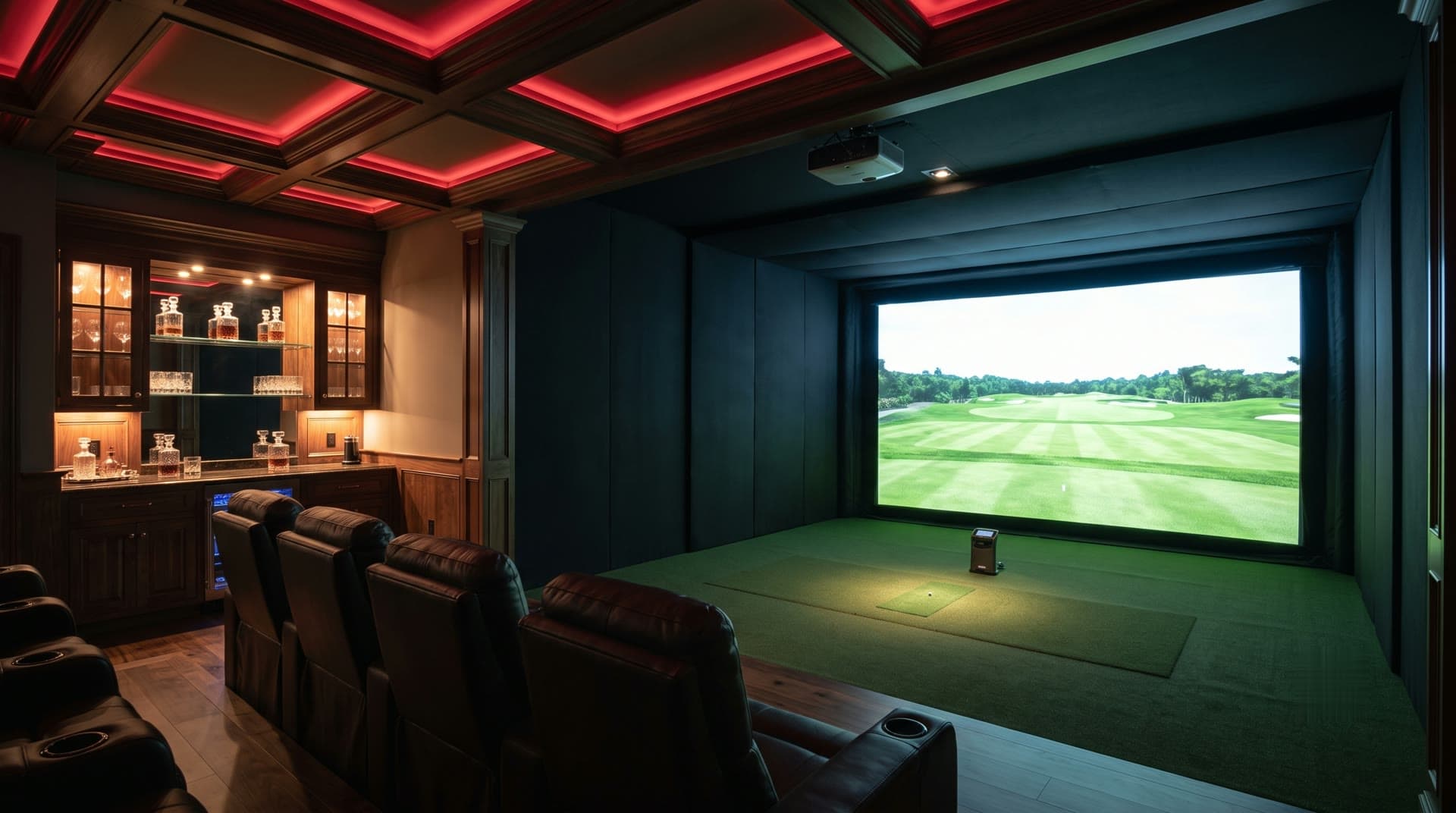 Estate golf simulator suite: leather theater seating and whiskey bar behind a black-padded hitting bay with glowing course screen
