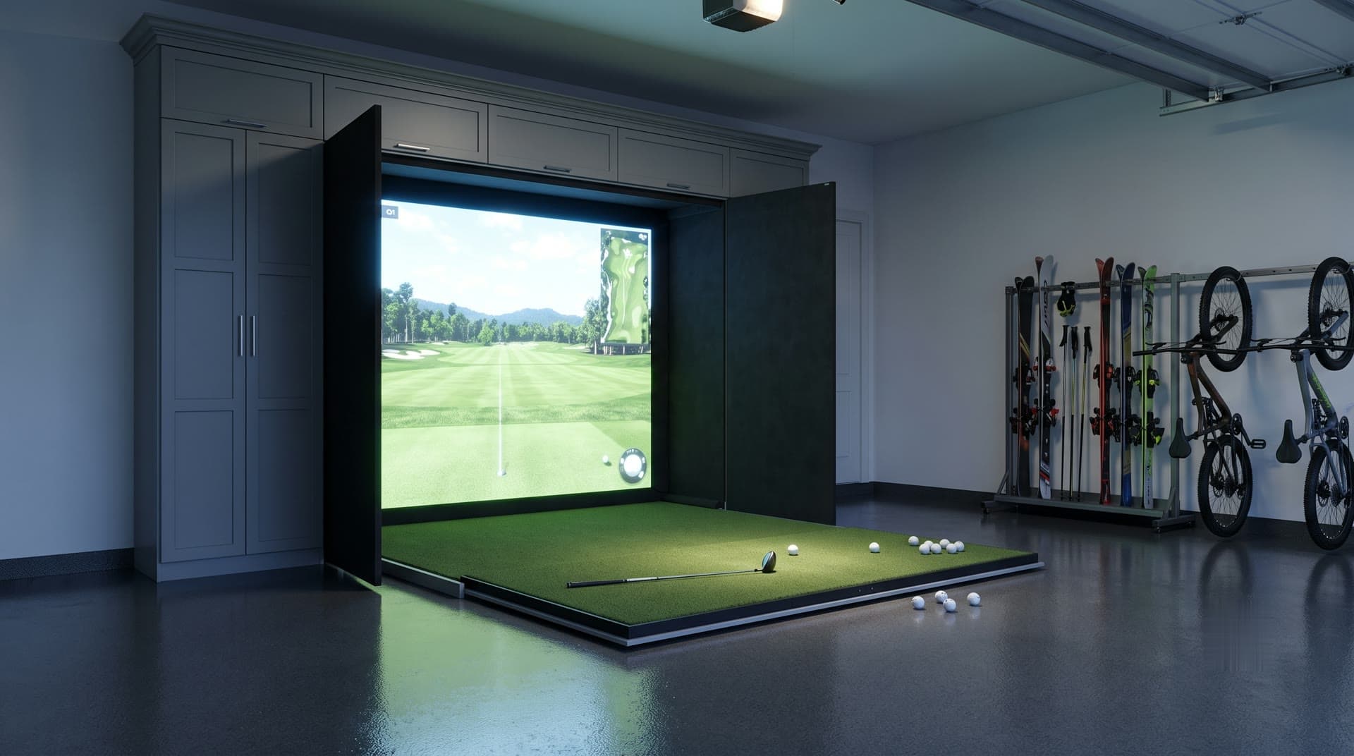 Murphy fold-away golf simulator deployed in a garage, padded door interiors framing the screen, range balls on the turf deck
