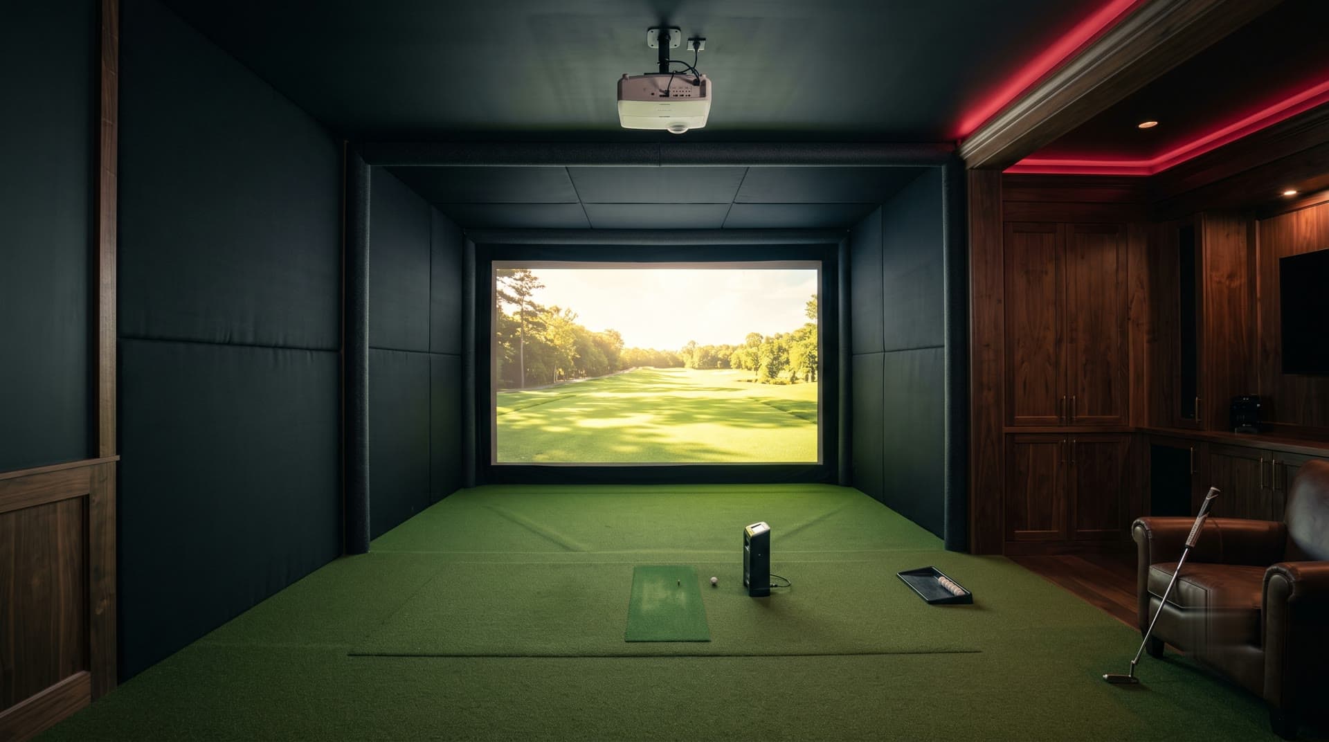 Completed luxury golf simulator installation: padded hitting bay, glowing course screen, and walnut lounge with leather armchair